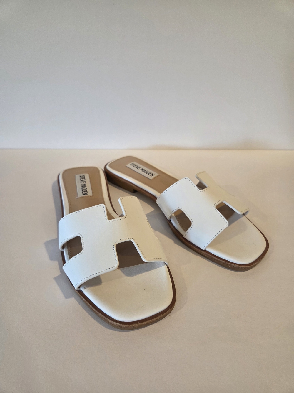 Steve Madden White H-Cut Leather Slide Sandals
